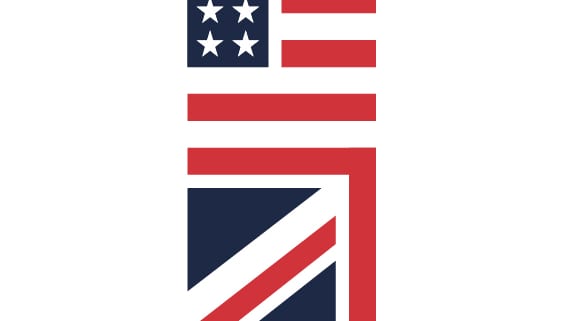 Abstract design combining elements of the American and British flags. Red, white, blue colors with stars and stripes arranged creatively.