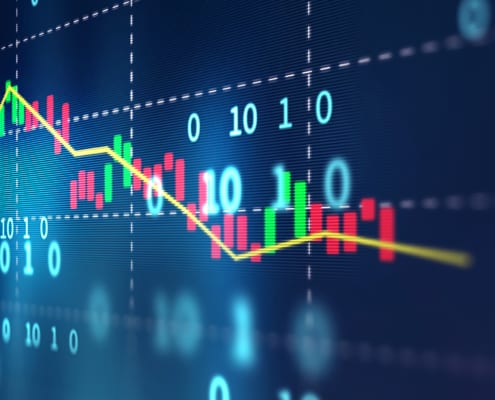 Image shows a digital stock market chart with fluctuating red and green bars, binary numbers, and a yellow trend line on a blue background.