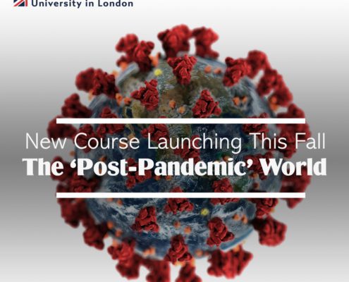 Digital graphic features a virus model with text advertising Richmond University's new course, “The 'Post-Pandemic' World,” launching this fall.