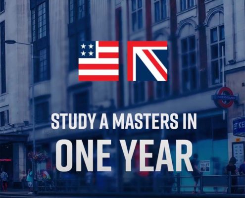 City street scene with a London Underground sign, people walking. Text promotes a one-year Master's program. Features UK and US flags.