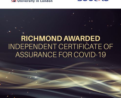 Richmond University in London awarded COVID-19 assurance certificate by Bureau Veritas, in collaboration with Sodexo, displayed against a sleek background design.