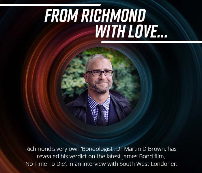 A person with glasses is centered in a circular design. Text reads: "From Richmond With Love," discussing a James Bond film review.