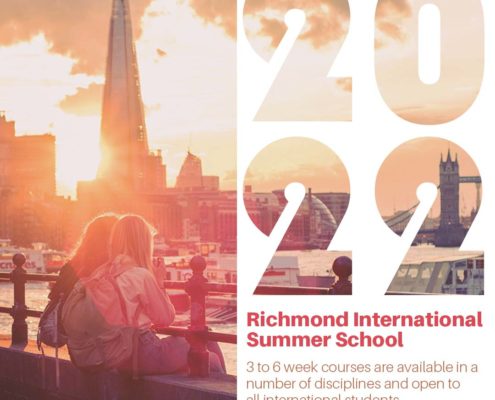 People sit by the Thames at sunset, overlooking The Shard and Tower Bridge. Richmond International Summer School 2022 advertisement is featured.