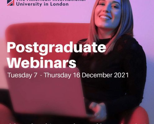 Smiling person sits with a laptop. Richmond, The American International University in London, advertises postgraduate webinars from December 7-16, 2021.