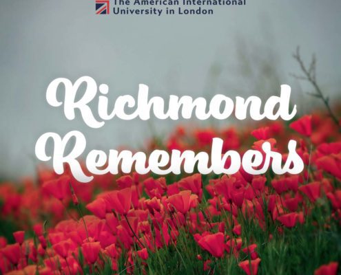 Red poppies field with "Richmond Remembers" text. Logo of Richmond, The American International University in London, appears at the top. Subdued, reflective theme.