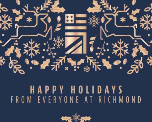 Decorative holiday card with reindeer, snowflakes, and holly. Text reads "Happy Holidays from everyone at Richmond" in elegant gold on a dark background.