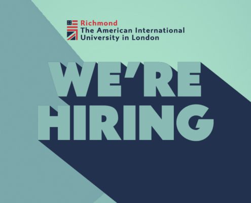 Text reads "WE'RE HIRING" with Richmond, The American International University in London logo. Simple, teal background design.