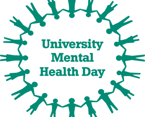Silhouette of people holding hands in a circular formation surrounds the text "University Mental Health Day" on a white background.
