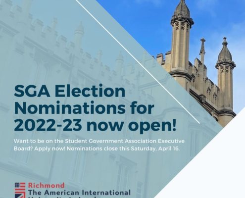 SGA Election Nominations open at Richmond, The American International University in London. Architectural details and sky are visible in the background.