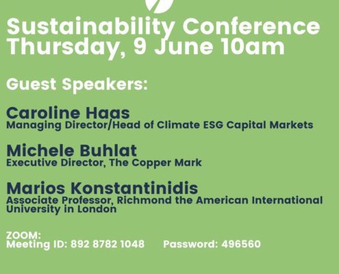 Green-themed flyer for a Sustainability Conference on June 9, featuring guest speakers. Online access via Zoom provided.