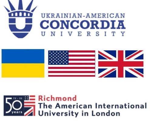 Logos of Ukrainian-American Concordia University, Richmond American International University in London, and flags of Ukraine, USA, UK.