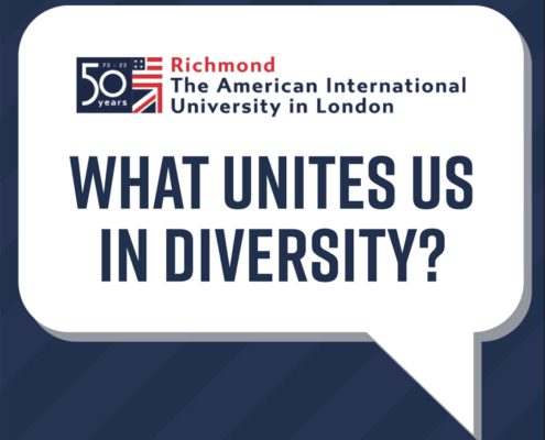 Richmond The American International University in London celebrates 50 years, with a focus on unity in diversity. Speech bubble design.