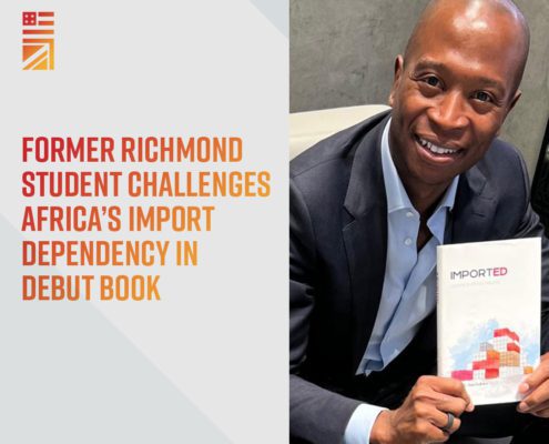 A person holding a book titled "Imported" smiles in an image promoting a Richmond student's debut book on Africa’s import dependency.