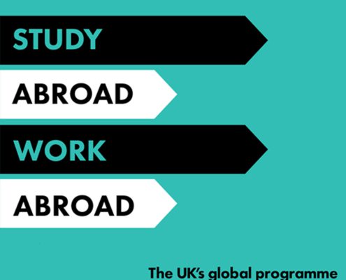 Promotional graphic for UK's program to study and work abroad. Includes text saying "STUDY ABROAD" and "WORK ABROAD" in bold arrows.