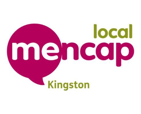 Logo featuring the words "Mencap Local Kingston" in bold pink and green text with a speech bubble design element.
