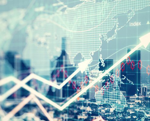 Financial growth chart with upward arrows superimposed on a city skyline. Background features a world map and stock data.