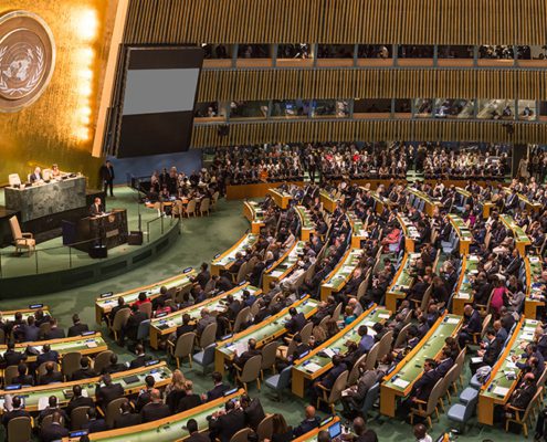 The image shows a large assembly of people at the United Nations General Assembly Hall, with delegates seated and a person speaking.
