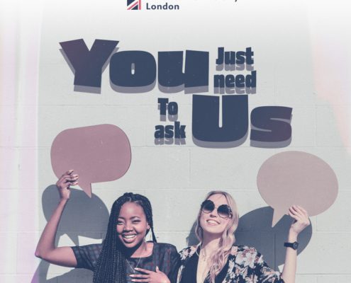 Two people smiling, holding speech bubbles against a wall with "You just need to ask us" text. Richmond American University London logo above.