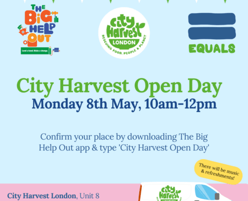 Event poster for City Harvest Open Day on 8th May, 10am-12pm, featuring details and colorful graphics, including van image and logos.