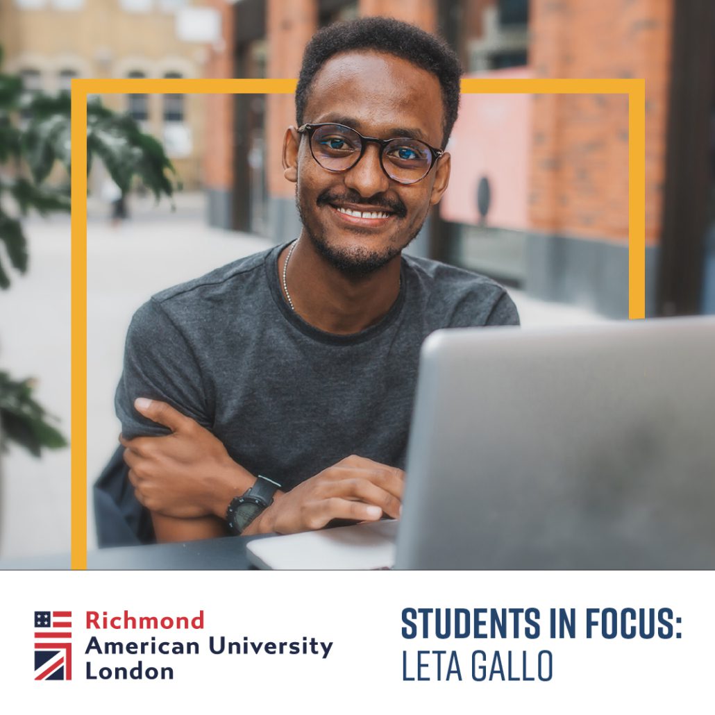 A person with glasses sits at a laptop outdoors, associated with Richmond American University London, highlighted in the "Students in Focus" feature.