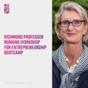 A person with glasses smiles, promoting a Richmond university workshop on entrepreneurship. Includes text and a website link for more information.
