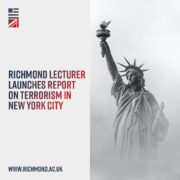 The image shows the Statue of Liberty with text about a Richmond lecturer's report on terrorism in New York City, including a website link.