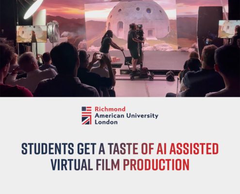 In this image, students at Richmond American University London are learning about AI-assisted virtual film production.