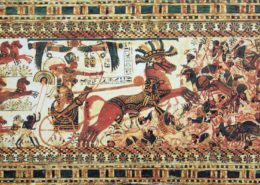 Ancient Egyptian artwork depicting a person in a chariot adorned with intricate patterns, surrounded by horses and people in dynamic combat scenes.