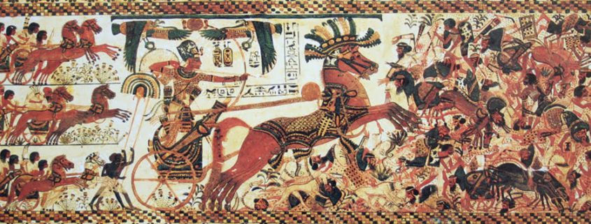 Ancient Egyptian artwork depicting a person in a chariot adorned with intricate patterns, surrounded by horses and people in dynamic combat scenes.