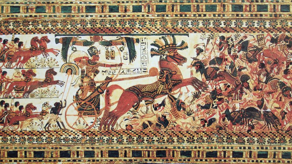 Ancient Egyptian artwork depicting a person in a chariot adorned with intricate patterns, surrounded by horses and people in dynamic combat scenes.