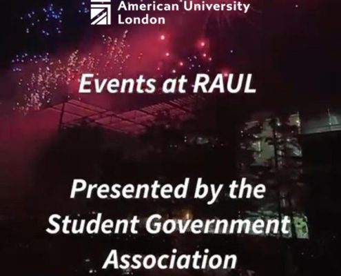 Fireworks light up the night sky above Richmond American University London, promoting events by the Student Government Association at RAUL.