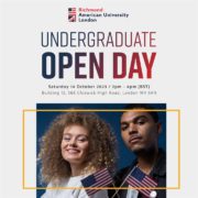 Two people with small American flags promote Richmond American University London's Undergraduate Open Day, scheduled for October 14, 2023, in Chiswick.