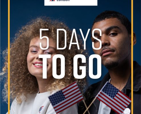 Two people holding flags with "5 days to go" text, promoting Richmond American University London.
