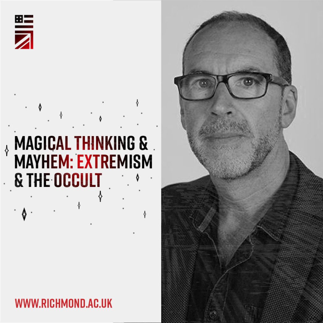 This image is promoting a lecture series discussing the relationship between extremism and occult practices.