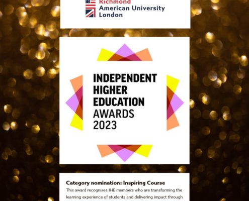The image features the logo of Richmond American University London above the Independent Higher Education Awards 2023 title, with a category nomination for Inspiring Course and a description below. The background is bokeh.