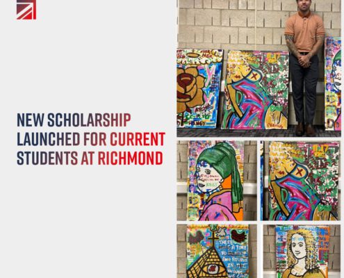 A promotional image featuring a person standing between colorful murals, advertising a new scholarship for students at Richmond, with a website URL below.
