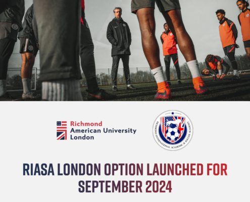 A person oversees soccer training with athletes on a field. Text announces Richmond American University's RIASA London Option for September 2024.