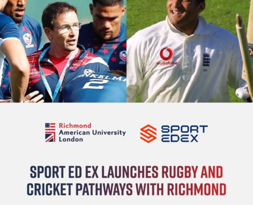 The image is a promotional graphic with two side-by-side photos. On the left, rugby players listen to a coach. On the right, a person smiles wearing cricket gear. Logos for Richmond American University London and SPORT ED EX are displayed, announcing the launch of rugby and cricket pathways with Richmond. The website URL reads: www.richmond.ac.uk.