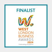 The image is a graphic for the "West London Business Awards 2024," indicating a "Finalist" status and featuring bold, colorful lettering celebrating excellence.