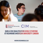 The image shows a classroom setting with focused students and promotional text for CIM qualification at Richmond American University London.