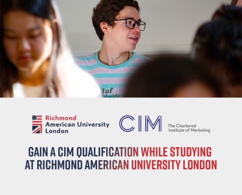 The image shows a classroom setting with focused students and promotional text for CIM qualification at Richmond American University London.
