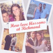 The image is a collage featuring three couples at different locations with a caption reading "How love blossoms at Richmond." It has a romantic theme.