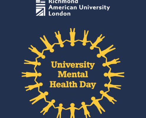 This image features a graphic with a circle of yellow figures holding hands around the text "University Mental Health Day." Above is "Richmond American University London" logo.