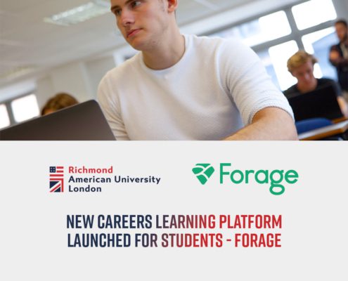 The image shows an advertisement for a new careers learning platform called Forage, launched for students by Richmond American University in London. A person is featured working on a laptop in a classroom setting.