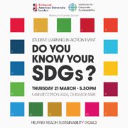 This is a colorful event poster for "Do You Know Your SDGs?" taking place on Thursday, 21 March at 5:30pm, relating to sustainability goals, featuring various colored squares.