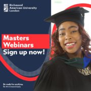 An advertisement featuring a cheerful person in graduation attire promoting "Masters Webinars" at Richmond American University London, encouraging sign-ups with a motivational tagline.