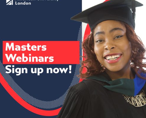An advertisement featuring a cheerful person in graduation attire promoting "Masters Webinars" at Richmond American University London, encouraging sign-ups with a motivational tagline.