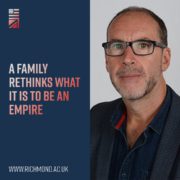The image features a person with glasses against a blue background and text: "A family rethinks what it is to be an empire" with a website URL.