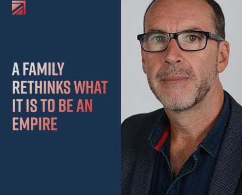 The image features a person with glasses against a blue background and text: "A family rethinks what it is to be an empire" with a website URL.