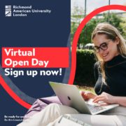 An advertisement for Richmond American University London's Virtual Open Day featuring a smiling person using a laptop, with a call-to-action to sign up now.
